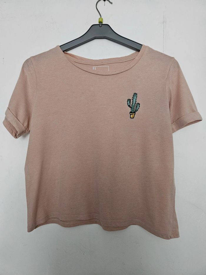 T-shirt top à manches courtes femme - Taille S / 36 - Undiz - Rose pâle brodé cactus