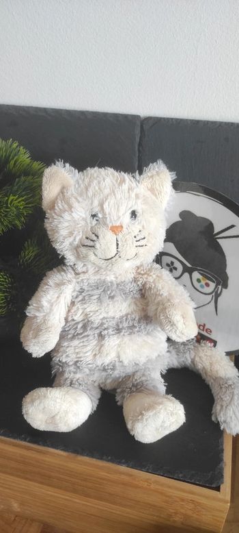 Peluche doudou chat Gipsy blanc gris poils longs Beige Écru Rose Rayé Rayures