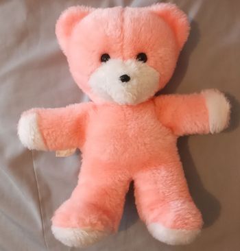 peluche ours ourson Boulgom bicolore rose blanc posture debout vintage ancien d'occasion