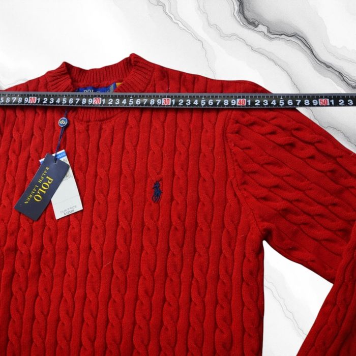 Pull torsadé col rond Polo Ralph Lauren rouge taille S logo brodé jaune - photo numéro 6