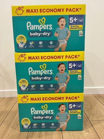 🔹3 Packs Pampers Baby-Dry Taille 5+ Maxi Economy – 264 couches – Neufs scellés