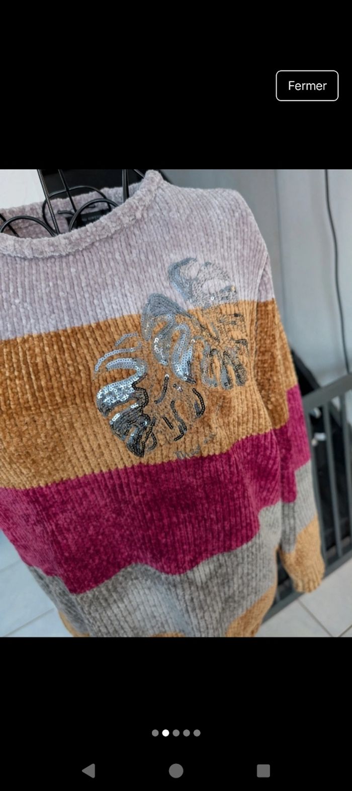 Superbe pull taille M en chenille rayé rose gris ocre mise au green en parfait état - photo numéro 2