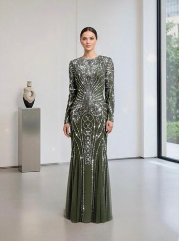Longue robe de soirée abiye kaki strass paillette poisson moulante balik elbise occasion mariage