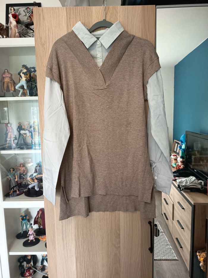 Chemise pull beige et blanc neuf TEX- Taille XL 42 - photo numéro 2