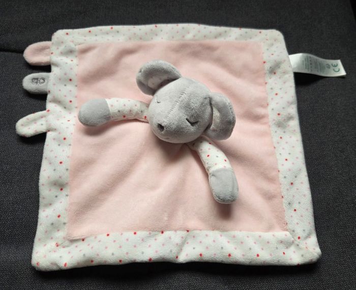 Doudou souris dormeuse carré plat rose et blanc à pois - Obaibi