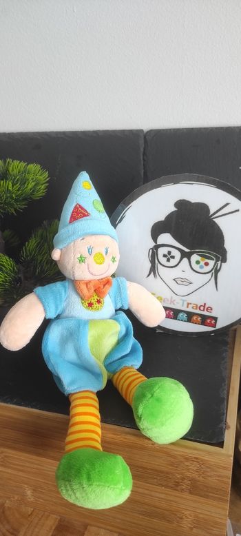 Nicotoy Doudou Clown Lutin Orange Bleu Vert Jaune Rouge Etoile Bonnet peluche