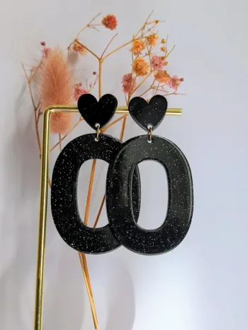 Boucles d'oreilles pendantes coeur ovale paillettes noir