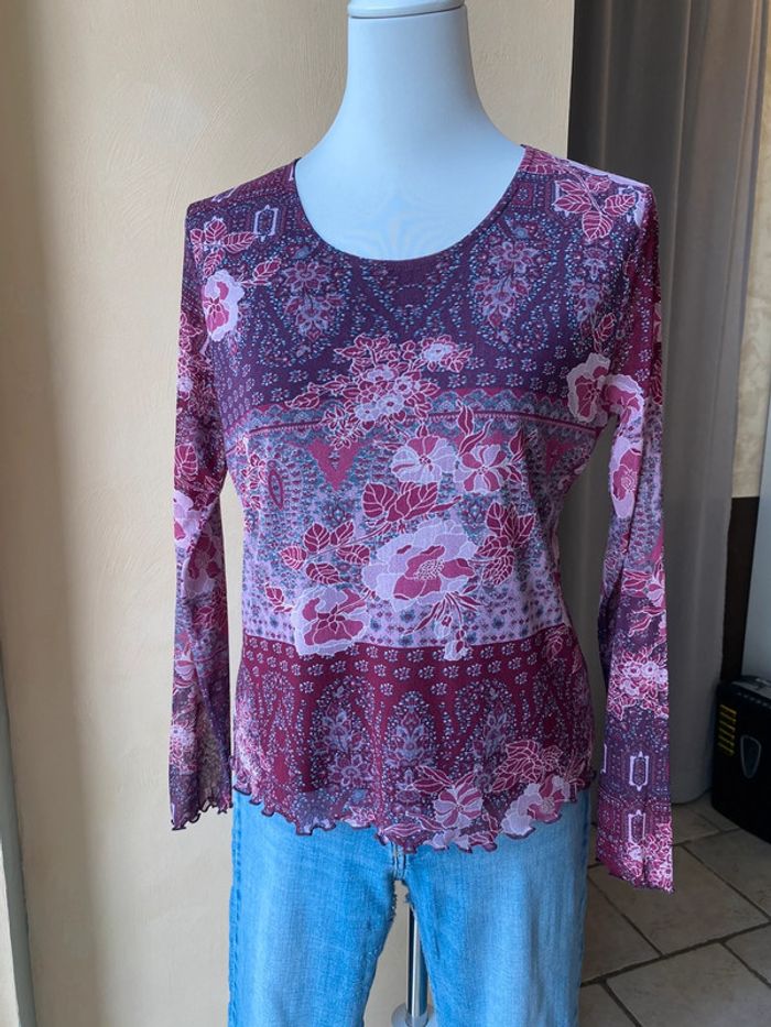 Top mesh à motifs bordeaux manches longues vintage L - photo numéro 6