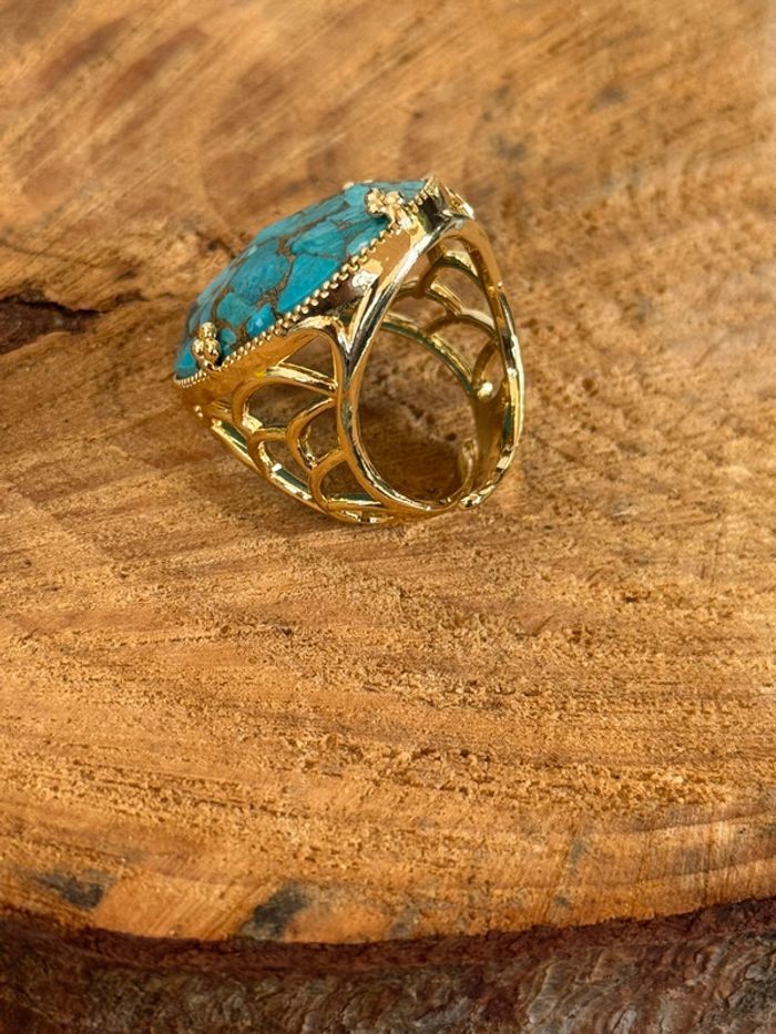 Grosse bague habaha Paris acier inoxydable or travaillées réglable grosse pierre turquoise - photo numéro 9