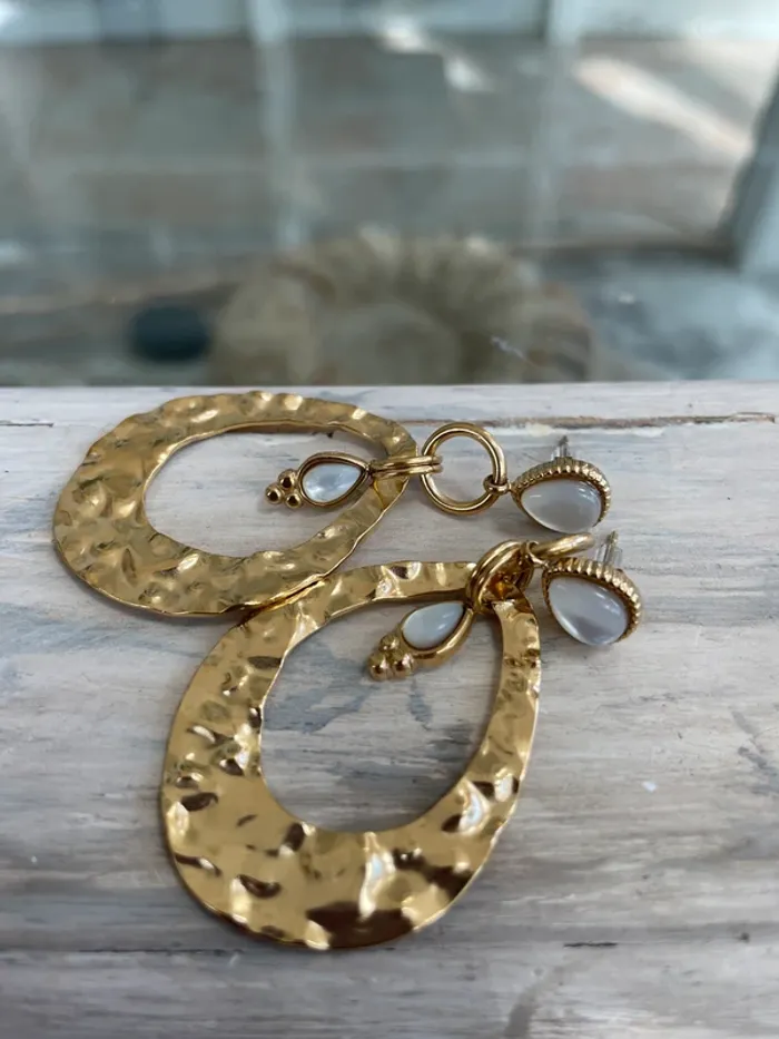 Boucles d'oreilles gouttes acier doré et pierres blanches nacrées .Taille unique - photo numéro 4
