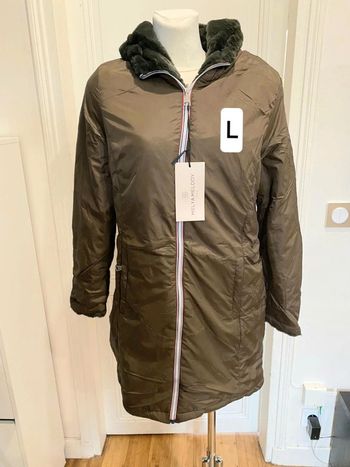 Manteau femme imperméable réversible mi-long fourré kaki taille L