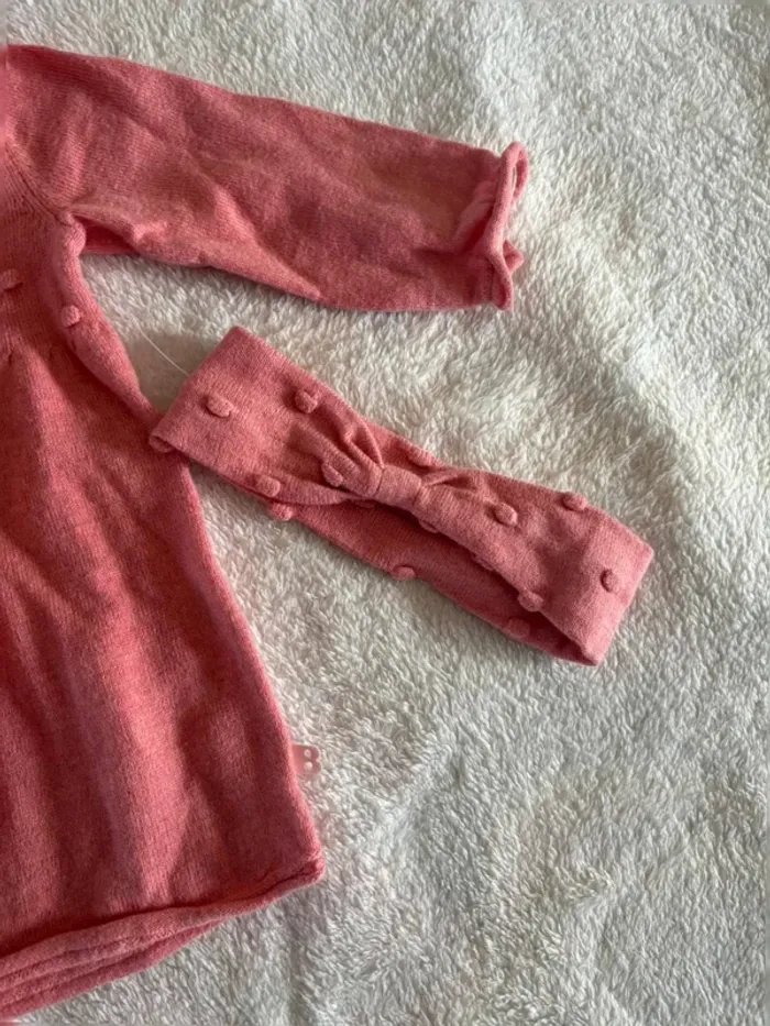 Robe tricot bébé fille 1 mois avec bandeau assorti – Obaïbi, rose corail en laine - photo numéro 4