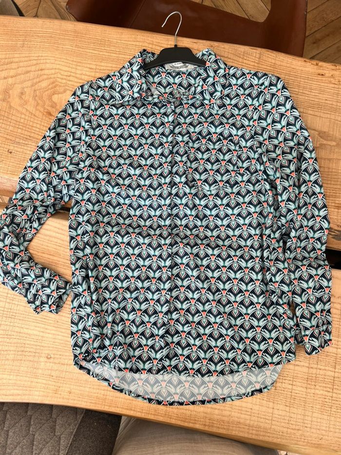 Blouse manches longues chemise vert bleu marine et orange à motifs it hippie S 36 38 - photo numéro 2