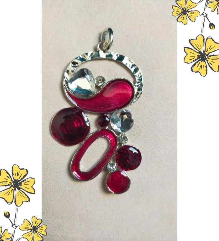 Parure pendentif + boucle – Ronds rouge & argenté avec strass et cœur - photo numéro 6