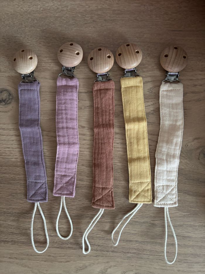 Attache tétine gaze de coton neuf écru jaune marron terracotta vieux rose et violet neuf