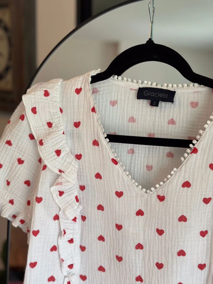 Blouse blanche imprimé cœurs rouges gaze de coton – Graciela – Taille S - photo numéro 2