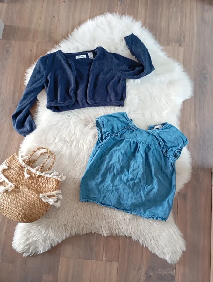 Lot fille rentrée 3 ans blouse en jean LC kids little cicogne + gilet marine okaidi - photo numéro 3