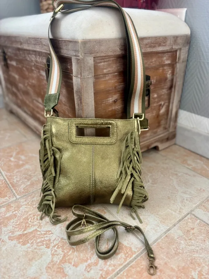 Sac bohème cuir vert irisé franges et 2 bandoulières - photo numéro 2