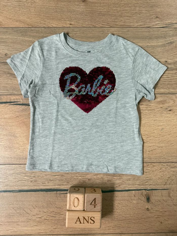Tee-shirt H&M gris chiné avec « Barbie » sequins réversibles 104 cm