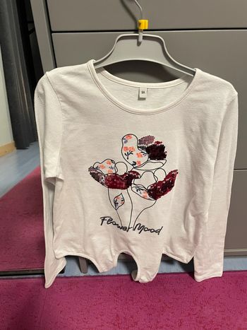 T-shirt manches longues, fille, blanc, paillettes