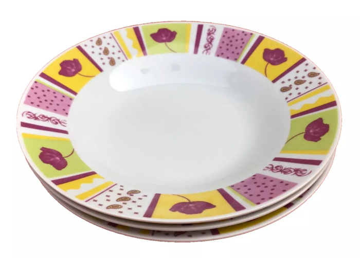 3 assiettes creuses Porcelaine blanche Frise multicolore décor tulipe