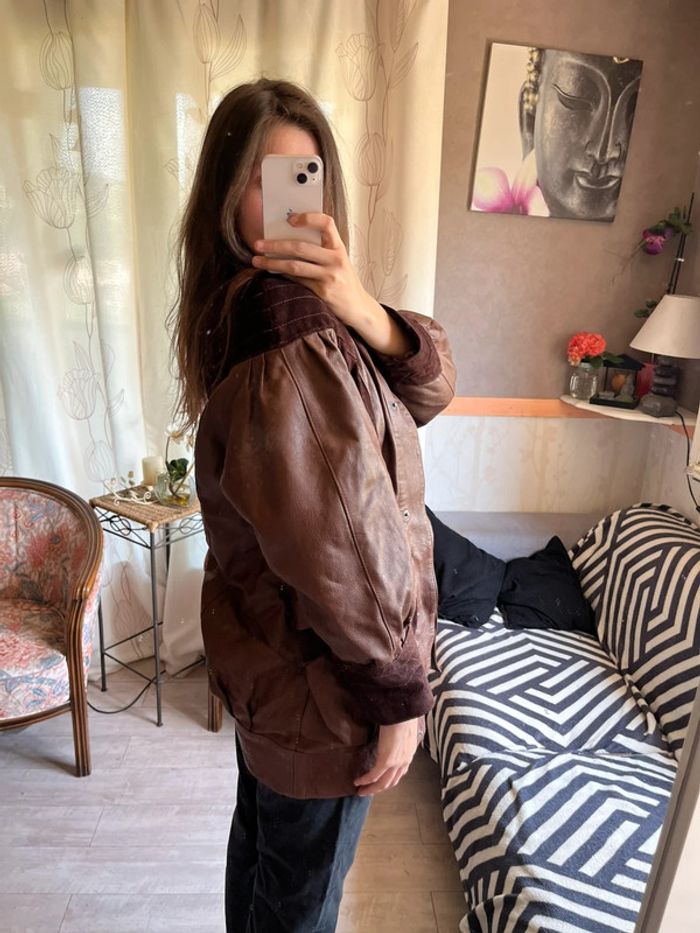 Veste bomber bombardier en cuir vintage motard biker moto western country - photo numéro 3
