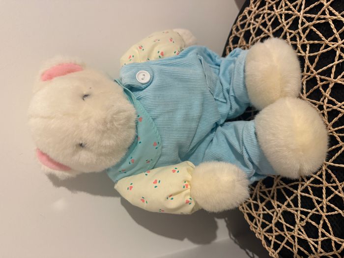 Doudou ours blanc avec salopette bleue "eden"