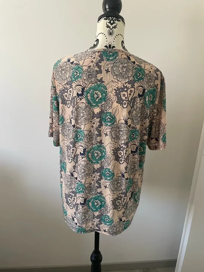 T-shirt tunique manches courtes col bijou rond rose à motifs fleuris vert noir honghong très 42 - photo numéro 4