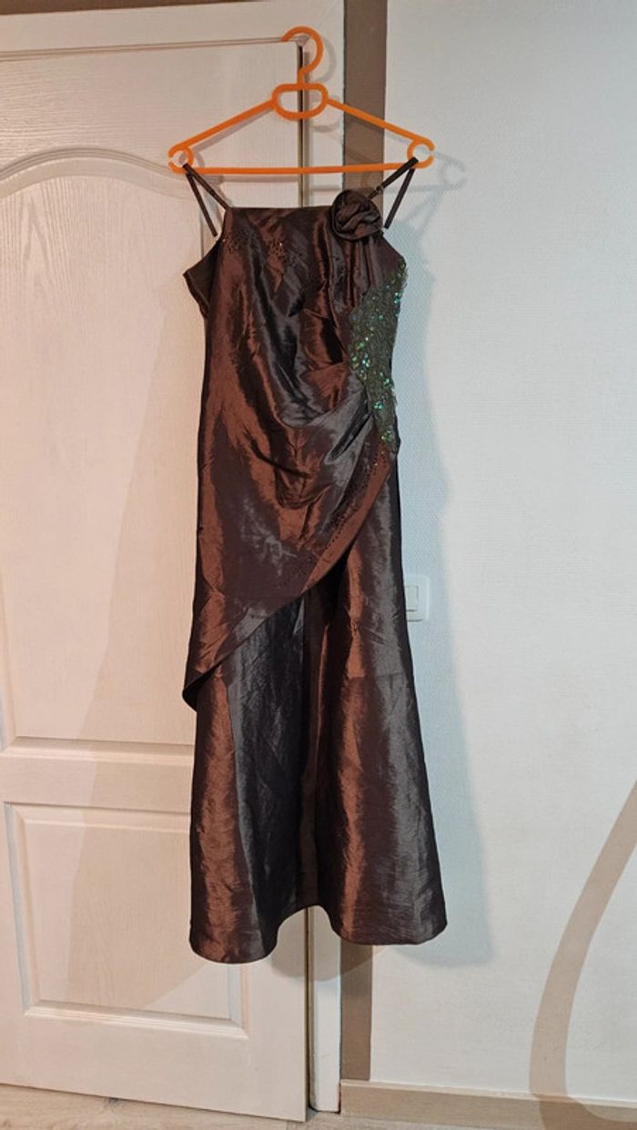 Robe longue de soirée brun satiné, à bretelles, Envie Collection, XL - photo numéro 2