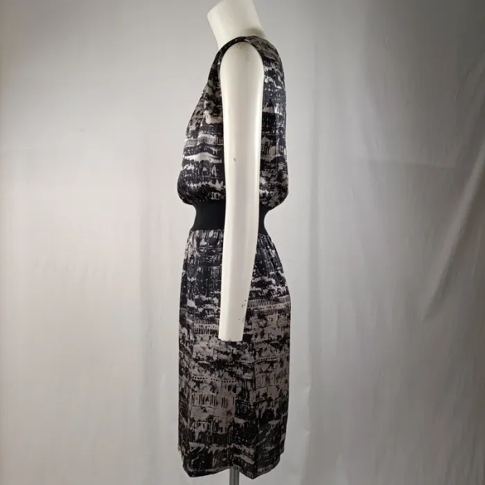 Robe Naf Naf 100 % soie, imprimé graphique noir et beige, taille 36, ceinture élastique A961 - photo numéro 2