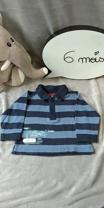 Tee shirt Polo manches longues Garçon 6 mois rayé thème poisson "Atlantic waves" Tissaia 100% coton