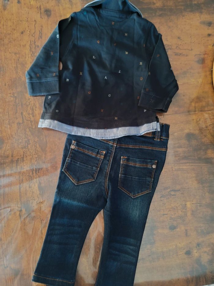 Ensemble garçon 12 mois t-shirt marine a motifs et jean Tao - photo numéro 3
