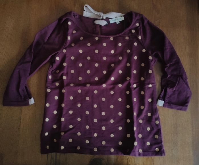 Pull femme manches trois quart Grain de malice violet et pois dorés