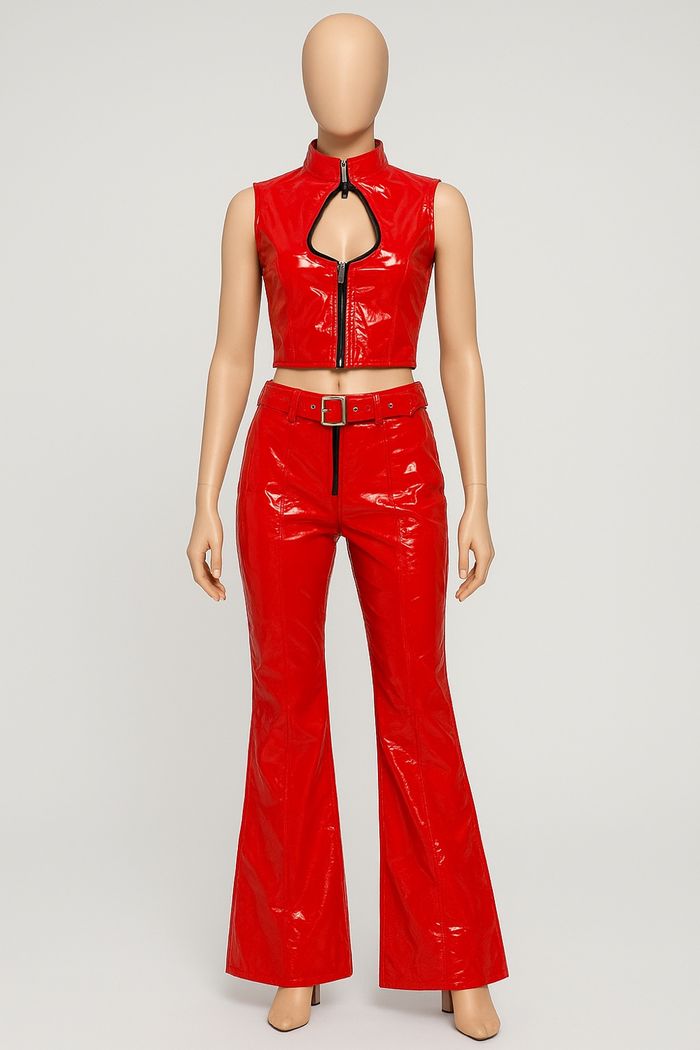 Tenue vinyle rouge : Haut court, pantalon patte d'éléphant et ceinture | Déguisement Carnaval ou Halloween 🎃