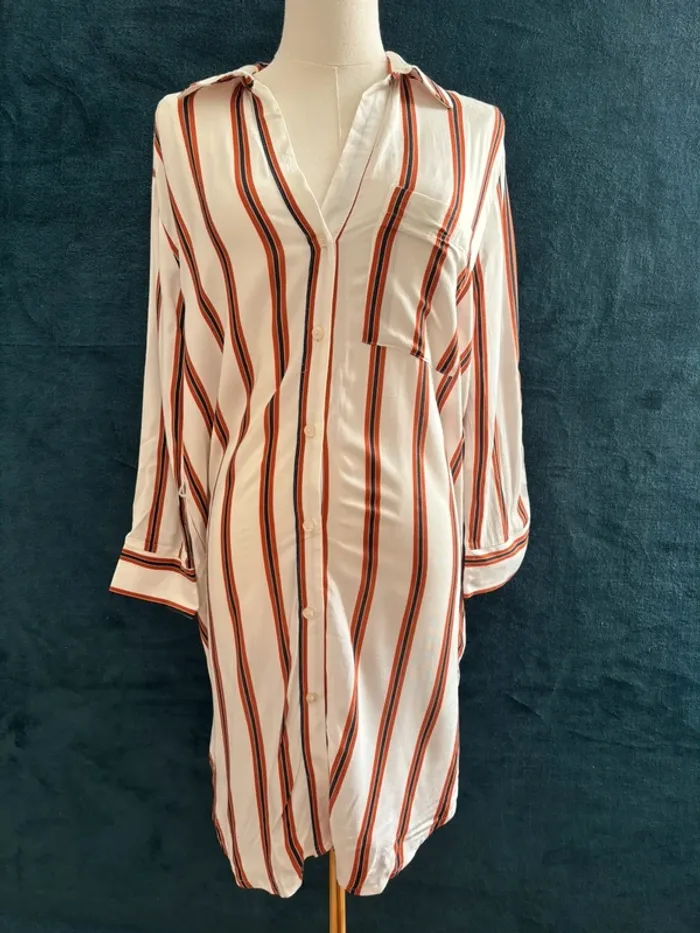 Chemise longue rayée marron noir blanc – Bershka – Taille M robe