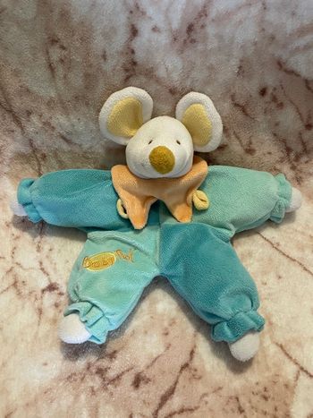 Doudou peluche semi plat souris bleu vert col orange Baby Nat' BabyNat’
