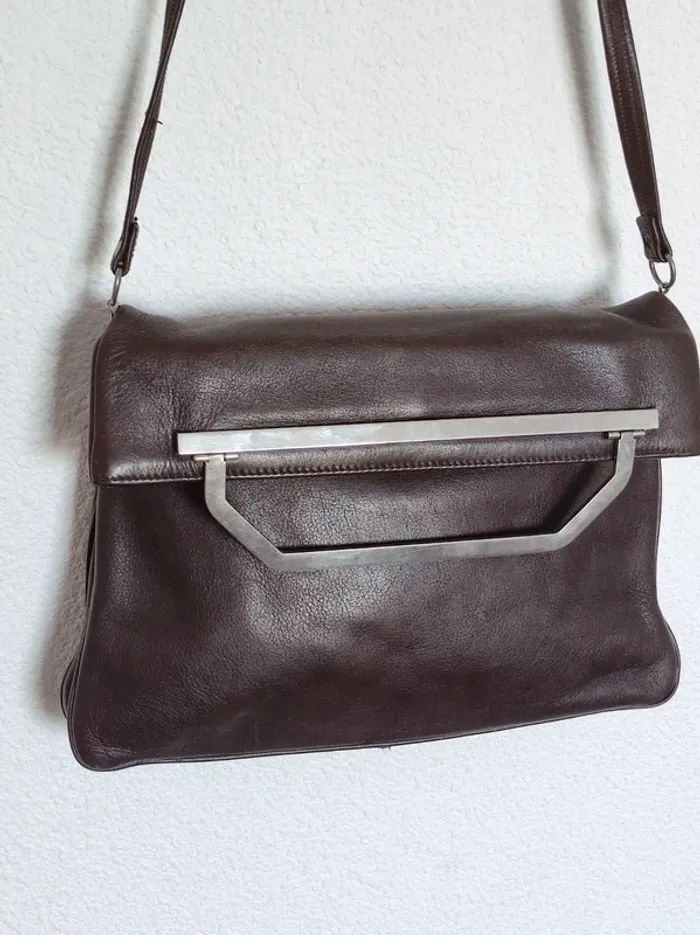 Pochette bandoulière détachable cuir marron anse argent 70-80 vintage - 27×24cm - photo numéro 3