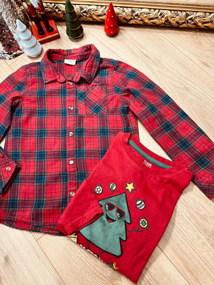 Taille 5 ans teeshirt et chemise Noël garçon TAO Kiabi rouge bleu marine * sapin * 🎄 - photo numéro 3