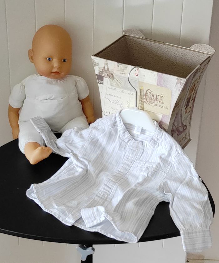 Chemise garçon 12 mois – col mao, coton/lin, rayée