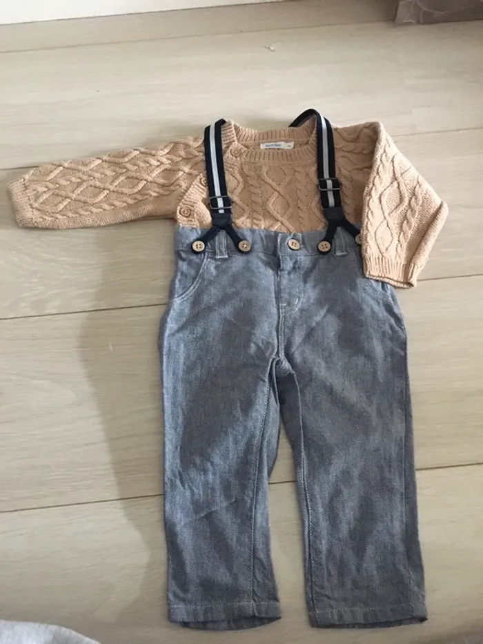 Ensemble pantalon à bretelles + pull 9 mois pat et ripaton - photo numéro 2