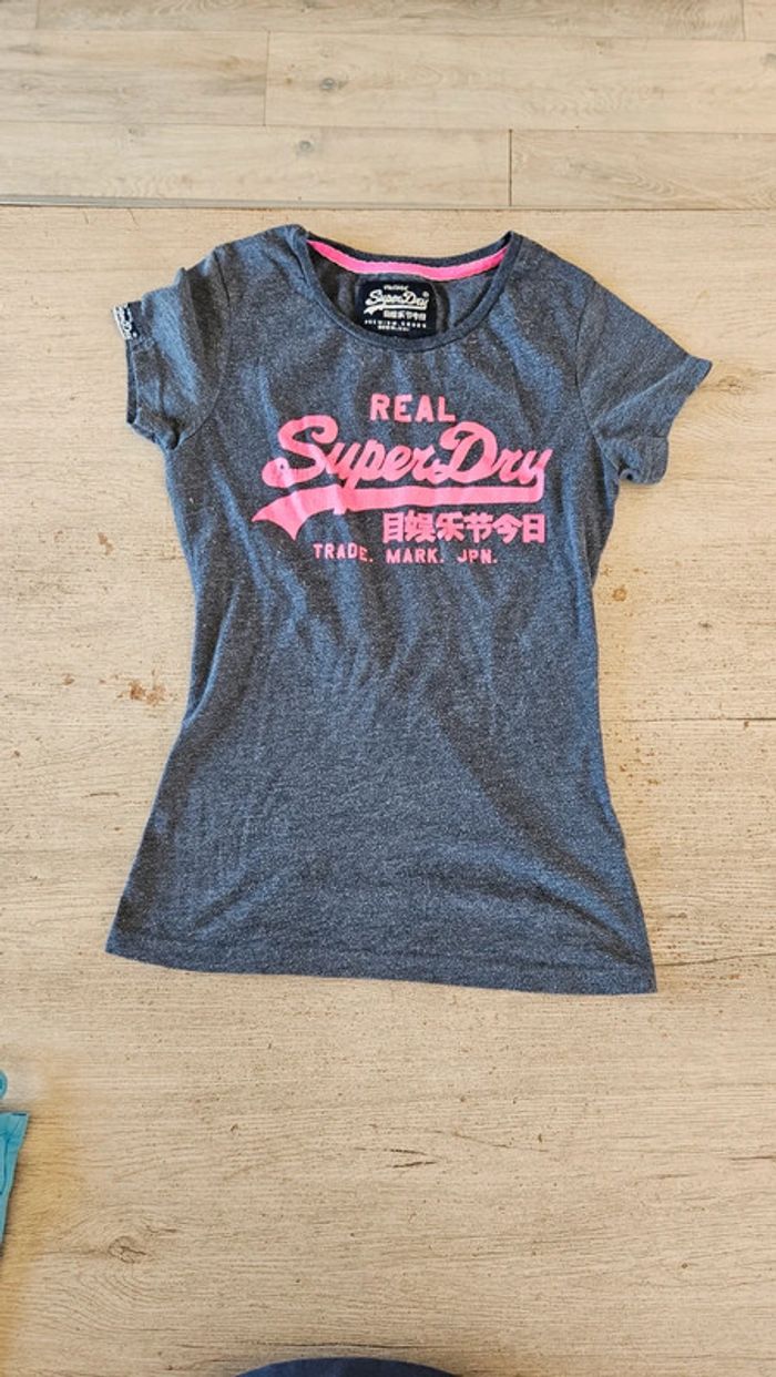 T shirt bleu gris chiné inscription fushia, Superdry Vintage, XS - photo numéro 2