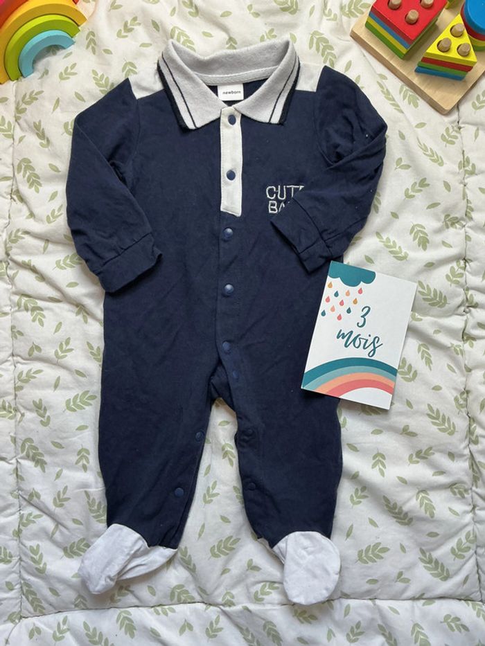 pyjama grenouillère en coton bleu marine ouverture devant 3 mois newborn - photo numéro 2