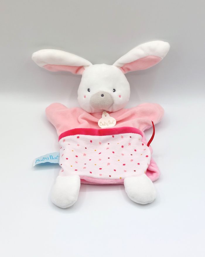 Doudou lapin marionnette rose blanc BABY NAT BN0592 happy together comme neuf - photo numéro 1