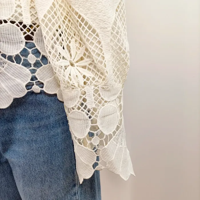 Blouse dentelle écrue Miss Chawn Paris col montant ajouré romantique – Taille M A735 - photo numéro 6