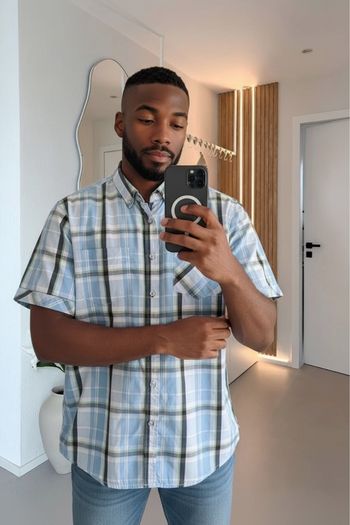 Chemise manches courtes bleu à carreaux 