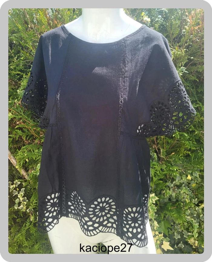 Blouse noire Promod T36 (EU 36 / US 4) en coton - Broderie anglaise manches & bas
