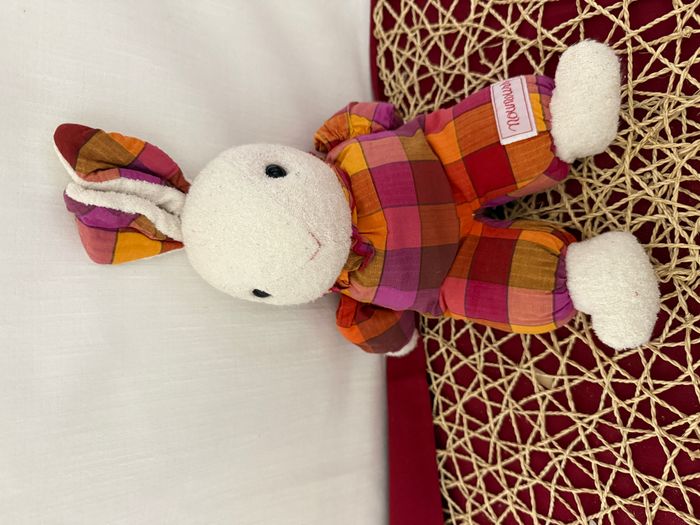 doudou lapin vintage carreaux bordeaux, orange
