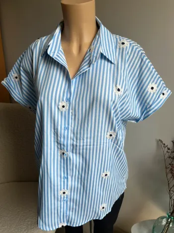 Chemise bleue à rayures et fleurs brodées très tendance
