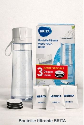 Bouteille filtrante BRITA neuve, jamais utilisée, avec 3 microdisques inclus.