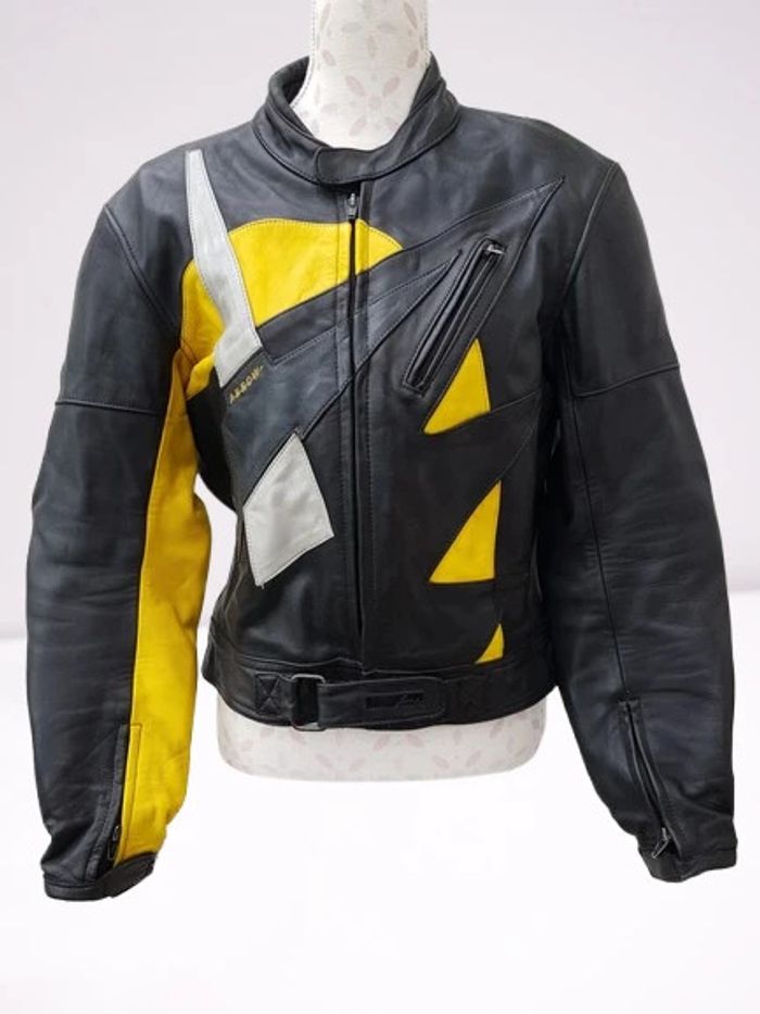Blouson Moto Cuir Noir Jaune Argenté Avec Protections